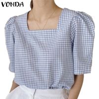 VONDA Women Korean Summer Half Sleeve Square Collar Plaid Casual Pleated Blouse