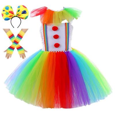 Clown Kids Costume Funny Rainbow Tutu Dress Halloween Clown Costume with Collars Hair Bands Gloves for 2-10 Years Old Girl Toddler Kid Clown Outfit Cosplay Outfits pleasure