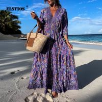 Ladies Boho Maxi Dresses Summer V-neck Half Sleeve Beach Dress New Fashion Sexy Floral Print Backless Split Dress Autumn Vestido