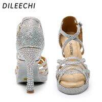 DILEECHI Latin Dance Shoes Women Silver GLITTER Rhinestone Salas Ballroom Dancing Shoes Width Heel 10Cm Waltz With Platform 15Mm