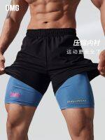 original OMG sports belt lined fitness shorts mens fake two-piece five-point tight training summer outer wear quick-drying running