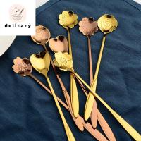 DELICACY ช้อนส้อม ทอง การออกแบบดอกไม้ ชา ไอศครีม อุปกรณ์ครัว ดื่ม เครื่องใช้บนโต๊ะอาหาร ช้อนผสม ช้อนชา ช้อน