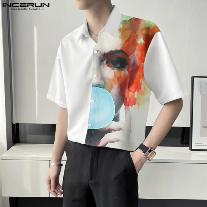 incerun-เสื้อผู้ชายแขนสั้นเสื้อพิมพ์ลายหน้าแนวแอบสแตรกติดกระดุมแฟชั่น-สไตล์เกาหลี