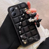 Phone Case เคส Tecno Camon 20 Pro Camon 19 Pro 4G 5G เคสสี่เหลี่ยมสีดำหรูหราปกป้องเลนส์ Camon20Pro Tecno ฝาครอบหลังซิลิโคนนิ่มกันกระแทกพร้อมสร้อยข้อมือไข่มุกตุ๊กตาสุนัขน่ารัก