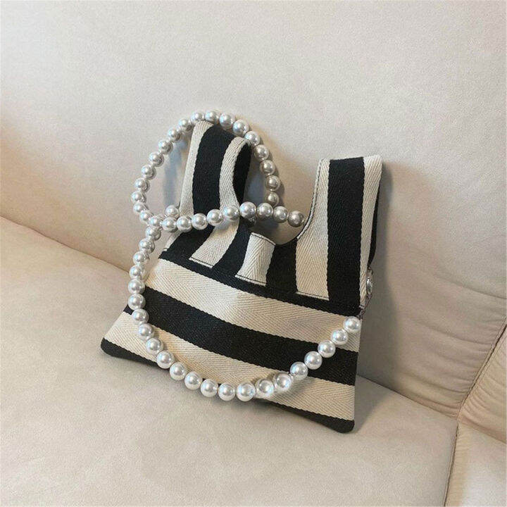 mini-pouch-underarm-bag-versatile-handbag-crossbody-bag-striped-tote-striped-canvas-bag-pearl-handbag