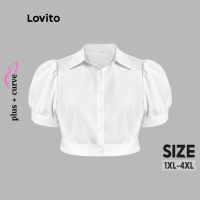 ﹊✟ Lovito Plus Size Curve เสื้อเบลาส์แขนพอง แต่วกระดุม สีพื้น สไตล์ลำลอง สำหรับผู้หญิง LPS07014 (สีขาว)