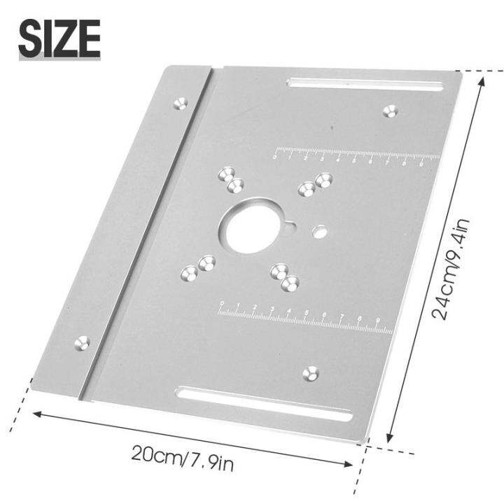 แผ่นแทรกบนโต๊ะแบบอลูมิเนียมแข็งแรงทนทานแผ่นเราเตอร์สำหรับงานไม้เครื่องตัดมิลลิ่งชั้นเราเตอร์ตั้งโต๊ะโต๊ะสำหรับงานไม้แผ่นอลูมิเนียมเราเตอร์