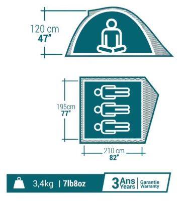 Tent for 3 man size 195x210x120 cm. - grey