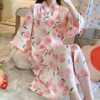 【LZ】●☾♞  Pijamas de pêssego casual estampado feminino roupão quimono camisola macia lounge wear bowknot lingerie íntima solta