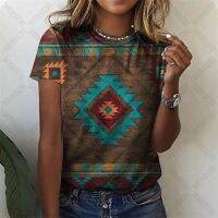 Summer Ethnic Aztec Graphic T-shirts Womens Casual Bohemian Crewneck Tees Fashion Female Clothing Girls Oversized Streetwear