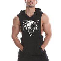 European and American Fitness Men 39;s 100 Cotton Sleeveless Hooded Sweater Pocket Printed Triangle Wolf Muscle Vest Hot Sale