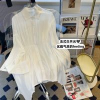 Autumn new white shirring waist puff sleeve shirt womens design sense niche French chic beautiful top trend 【BYUE】