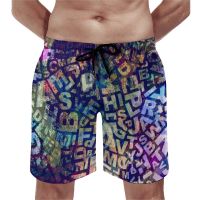 Letter Type Board Shorts Word Art Print กางเกงขาสั้นชายหาดตลกผู้ชายกีฬาโต้คลื่นกางเกงขาสั้นชายหาดแห้งอย่างรวดเร็วของขวัญวันเกิด