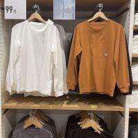 UNIQLO เสื้อสีทึบของผ้าฝ้ายคู่รักชายและหญิงผสมเสื้อยืดแขนคอกลมยาว440523/450176