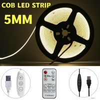 RA90 Dimmable FCOB LED Strip USB Flexible Tape Light Bar With RF Remote Control 5V 320LEDs/m Ribbon 3000K-6500K 5MM Width PCB