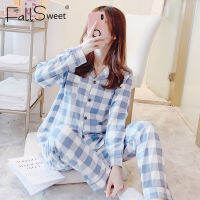 Fallsweet Cotton Plaid Pajamas For Women Turtleneck Set Long Sleeve Ladies Pajamas