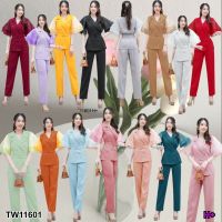 TW11601 Set เสื้อแขนระบาย+กางเกงขายาว+เข็มขัด  **สอบถามก่อนสั่งซื้อ**