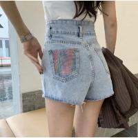 กางเกงขาสั้น ปีเสือสวัสดิการ] Large size spring and summer high waist ripped denim shorts womens wide-leg A-line hot pants trend