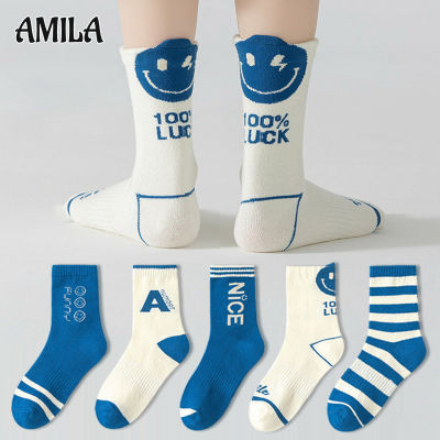 AMILA ถุงเท้าเด็กผู้ชายถุงเท้ายาวปานกลางถุงเท้าผ้าฝ้าย,KAOS Kaki Anak Perempuan ตัวอักษรหน้ายิ้มแนวเกาหลี