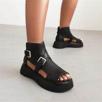 PXELENA Plus Size Preppy Sandals Women Shoes Chunky Block Mid Heels Open Toe Buckle Punk Rock Rome Gladiator Vintage Summer Zip