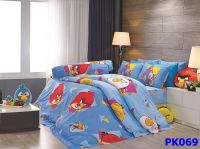 ผ้าปูที่นอน พรีเมียร์ ซาติน Premier Satin รหัสสินค้า PK069 ลายแองกี้เบิร์ด สีฟ้า Angry Bird  ขนาด 3.5ฟุต 5ฟุต และ 6 ฟุต สำหรับที่นอนสูง 11 นิ้ว กันไรฝุ่น
