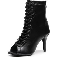 Woman Black Brown Latin Jazz Dance Shoes Open Toe High Heel Stiletto Bootie Girls Slim Heel 8.5cm/10cm Lace Up Dance Boots