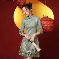 สไตล์จีน Cheongsam Qipao 2021ฤดูใบไม้ร่วงใหม่สาว R ปรับปรุง Elegant สีเขียวสั้น Party Dress