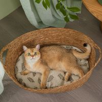 OUZEY Rattan Weave Pet Cat Bed With Mat Large Space Kitten Basket Comfortable Sleeping Four Seasons Cat House Cat Accessories Beds