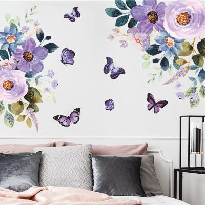 Romantic Purple Flowers Butterfly Wall Sticker Home Wall Decoration Living Room Bedroom Decor Wallpaper Self-adhesive Stickers
