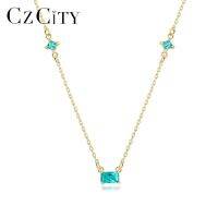 【Best-Selling】 Gift Pop CZCITY เกาหลี Design 925เงินสเตอร์ลิง Green Topaz Square จี้สร้อยคอสำหรับสาวหวานบาง Chain เครื่องประดับ Fine SN0124