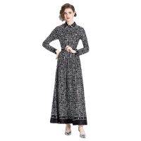 Womens Dress New Fashion All-Match Waist Slimming Positioning Printed Long Sleeve Maxi Vintage Dress