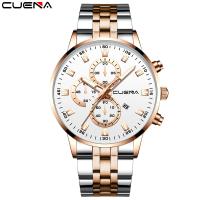 CUENA Casual Fashion Stainless Steel Strap Sports Chronograph Luminous Waterproof Calendar Quartz Watch Mens Relogio Masculino