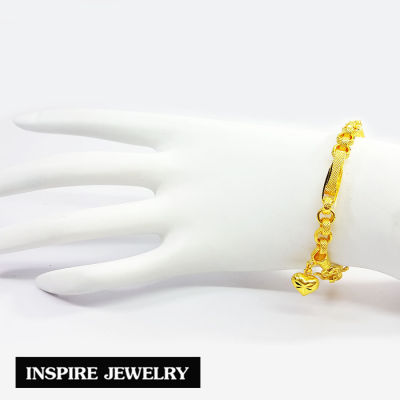 Inspire Jewelry ,เลสข้อมือ สร้อยข้อมือลายเลสต่อปล้องห้อยหัวใจ หุ้มทองแท้ 100% หนัก 1 บาท ขนาด 17CM งานจิวเวลรี่ งานร้านทอง พร้อมถุงกำมะหยี่