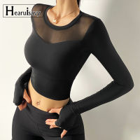 y Net Yarn Patchwork Yoga Crop Tops Women Gym Fitness Running Long Sleeve Sport T Shirts Female Tight Dance Training Clothing