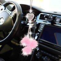 【jw】◕✜  Pendurado Ornamentos para Mulheres e Meninas Acessórios de Carro Bling Cristal Strass Bola De Pele Espelho Retrovisor Luxo