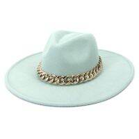 9.5CM Big Brim Women Men Solid Color Peach Heart Top Faux Wool Felt Jazz Fedora Hats With Chain Panama Party Wedding Formal Hat