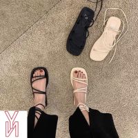 COD DSGRTYRTUTYIY Flat Sandals Female 2022 New Style Summer Students All-Match Square Toe Cross Laced-Up F