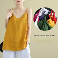 Womens Tops Spaghetti Strap Camis Cotton Linen V Neck Loose Tank Tops Sleeveless Linens Loose Casual Women Summer Camisole