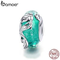 BAMOER Glass Beads 925 Sterling Silver Mermaid Sea Blue Murao Charm fit for Bracelet DIY SCC1154