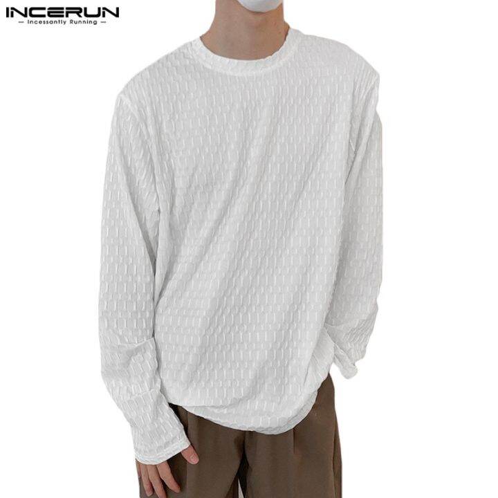 incerun-เสื้อยืดถัก-แขนยาว-คอกลม-ทรงหลวม-สีพื้น-สําหรับผู้ชาย