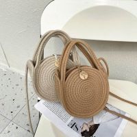 Straw woven messenger bag female all-match ins hand bag 2023 new trendy beach holiday niche design small round bag 【BYUE】