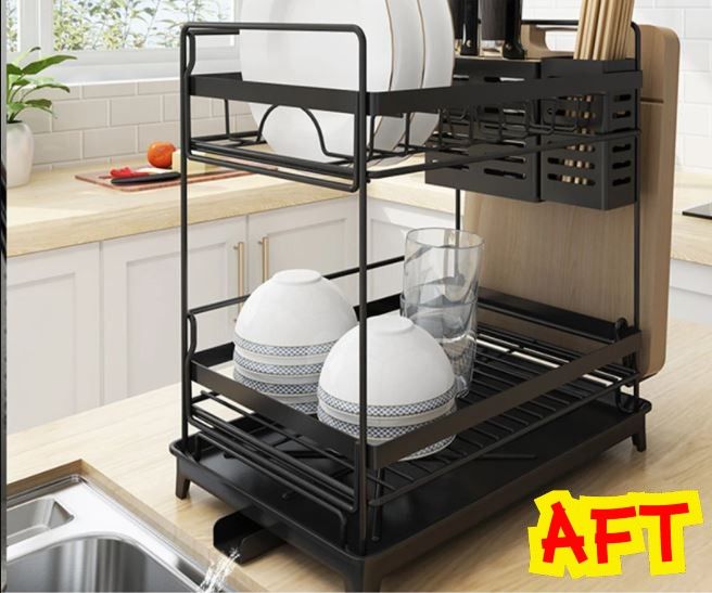 1Pcs Dish Drying Rack, 2-Tier Dish Rack for Kitchen Counte, Large Dish  Strainers with Drainboard, Dish Drainers with 2 Cup Holder, Extra Drying  Mat, Black Utensil Holder