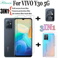 BLKNAIM(3in1) สำหรับ VIVO Y30 5G ฟิล์มกระจกนิรภัยแบบเต็มจอภาพ Y50 Y30 + ฟิล์มเลนส์กล้องถ่ายรูป + ฟิล์มด้านหลังคาร์บอนไฟเบอร์3D