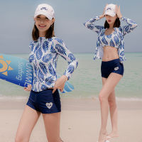 Swimsuit Women  Long Sleeve Girls Sports Swimming Suit Leaf Print Padded Surf Suit Beach Wear 3 Pieces High Waisted Bikini