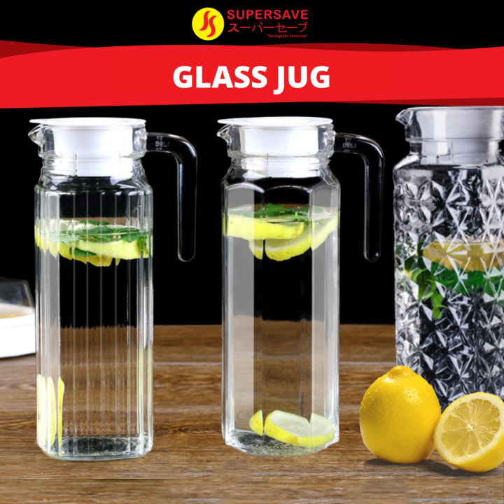 SUPERSAVE 1.1L/1.8L Glass Pitcher Water Glass Jug with Lid Juice Jugs