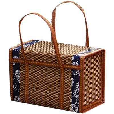 Picnic Woven Basket Folded Fruit Shopping Food Handle Rattan Grass Foldable Bamboo Basket