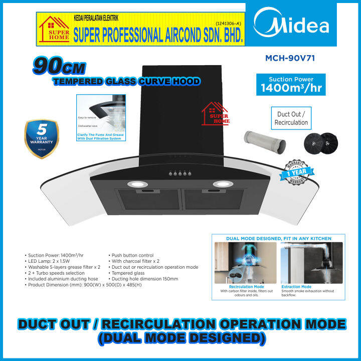 Midea Cooker Hood MCH90V71 90cm Curve Designer Cooker Hood Suction
