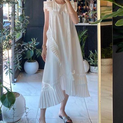 ❒❁■ Korean Style Elegant White Dress Summer New 2021 Round Neck Fashion Ladies Solid Color Casual Irregular Women Clothing