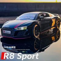 รถออดี้ R8 V10หล่อจากรถโลหะจิ๋วซุปเปอร์คาร์1:24โมเดลรถอัลลอยของขวัญสะสมสำหรับคริสต์มาสสำหรับเด็กชายของเล่นสีแดง