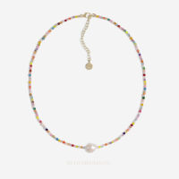 (18k gold plated) Bloomsnoon สร้อยคอหินจี้มุกน้ำจืดแท้ Lucy Rainbow Necklace